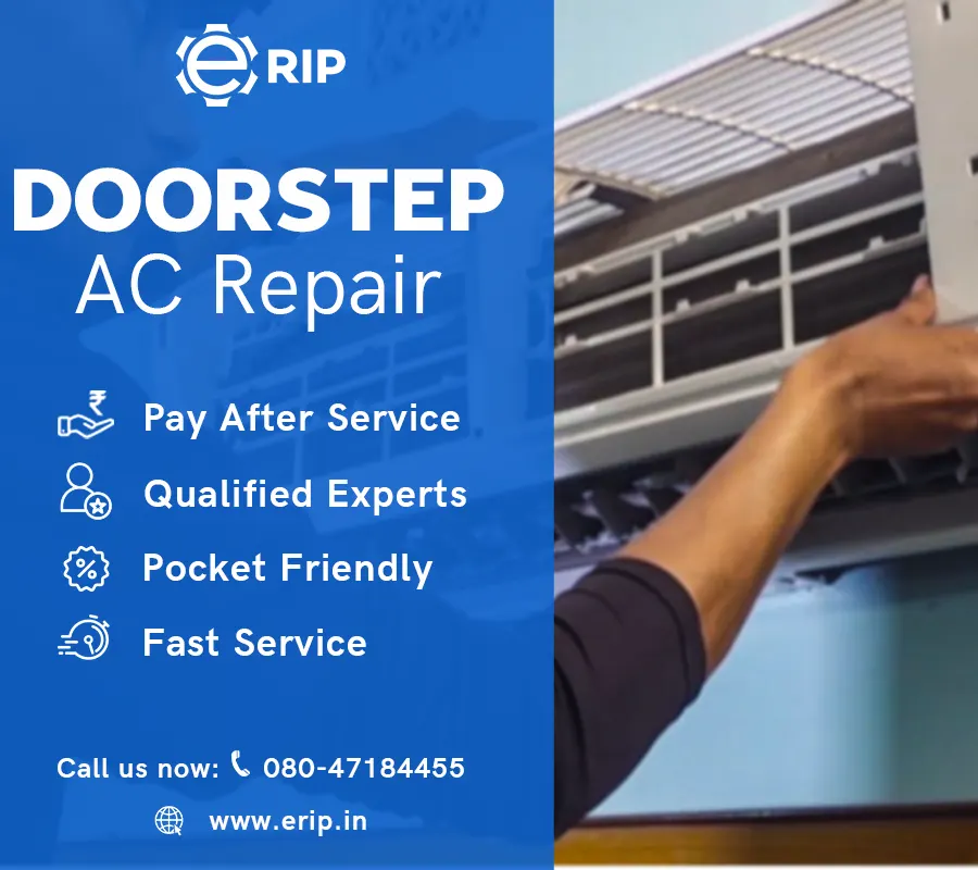 Points about ERIP's doorstep service on the left of a technician's hand fixing AC