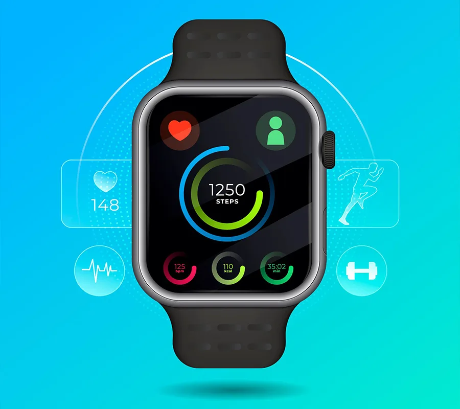 a black smartwatch showing its features like fitness & health tracking